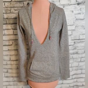 Dex Cashmere Sweater jumper Hood  Pocket deep V gray BodyCon fit   S